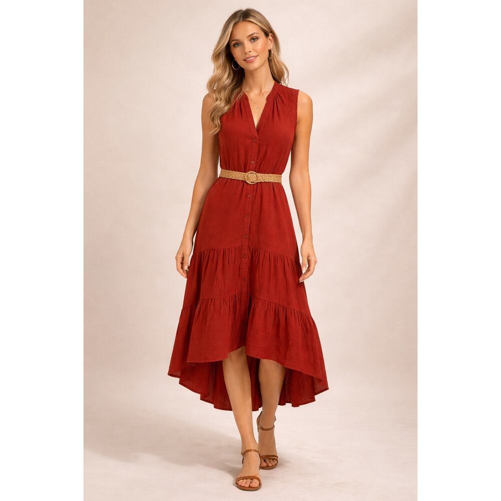 Drew Women's Rust Tiered High Low Midi Shirt Dress XS Cotton Gauze Button Front - Picture 2 of 12